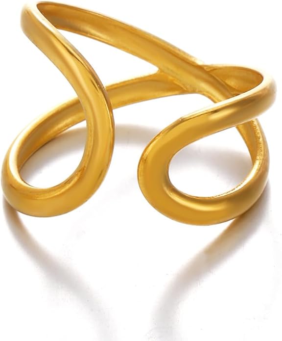 Chunky Rings For Women, Gold Silver Thumb Ring Asymmetrical Wavy Curve Ring Adjustable Non Tarnish Dainty Stainless Steel New Year Anniversary Birthday Jewelry Gift