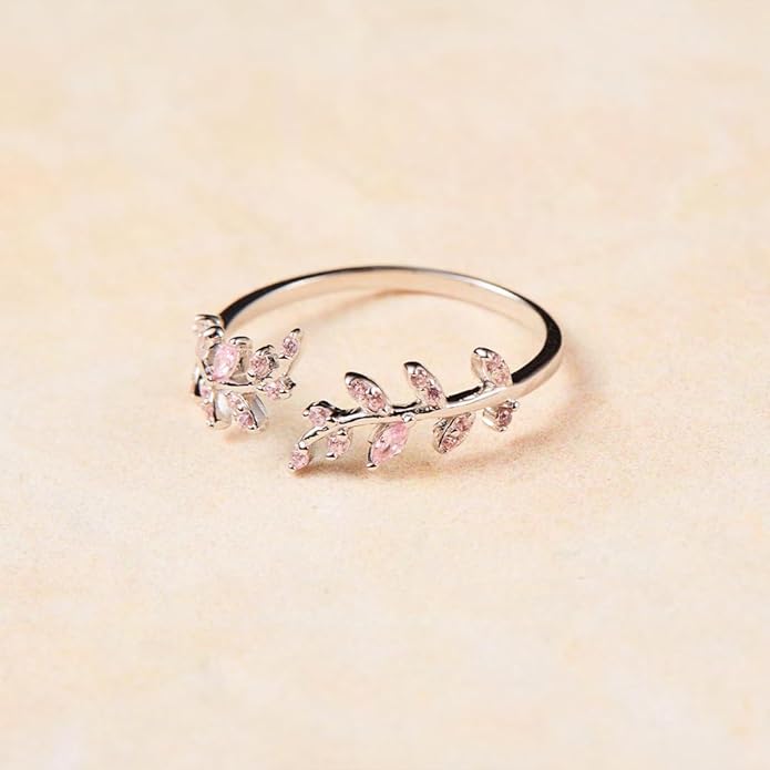 Adjustable S925 Sterling Silver Ring for Women,Branch Leaves Band Stacking Finger Ring,Paved Cubic Zirconia Stone Stackable Open Ring