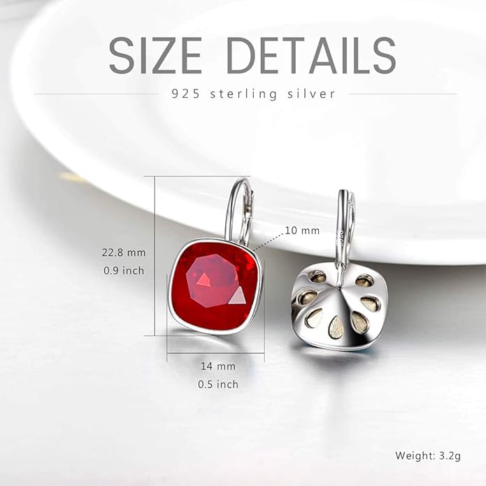 AOBOCO Sterling Silver Leverback Earrings Embellished with Crystals from Austria, Hypoallergenic Cushion Cut Square Crystal Earrings, Fine Anniversary Birthday Jewelry Gifts for Women