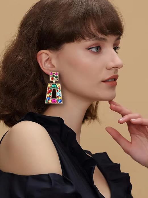 Rhinestone Rectangle Statement Earrings Colorful Crystal Geometric Drop Dangle Earrings for Women Prom Party