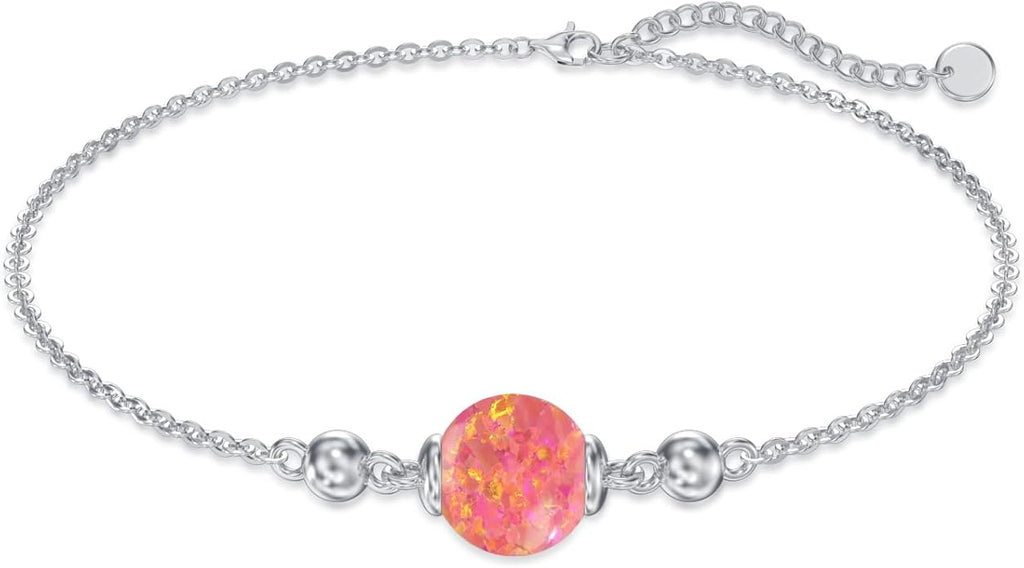 Opal Anklet/Bracelets for Women, S925 Sterling Silver Adjustable Foot Beaded Round Charm Ankle Bracelet Anklets Jewelry Anniversary Birthday Gifts for Women-1