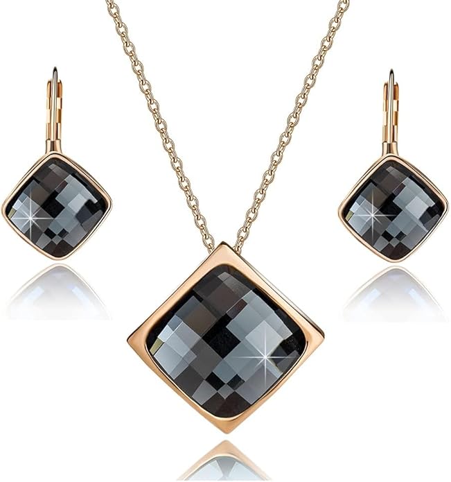 EVEVIC Square Austrian Crystal Necklace Earrings for Women Fashion 18K Gold Plated Hypoallergenic Jewelry Set