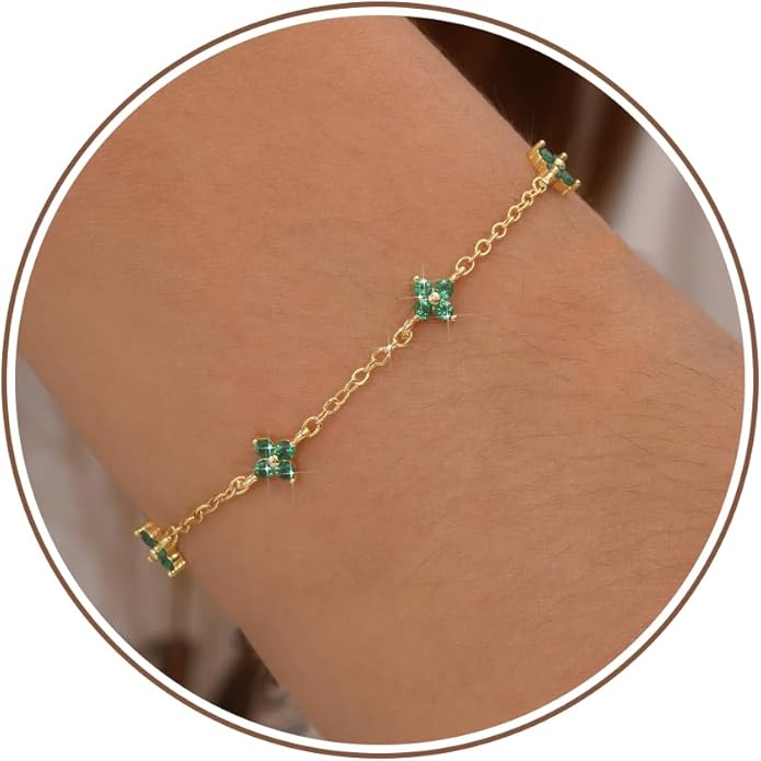 JSJOY Birthstone Bracelets for Women, 14K Gold Bracelets for Women Mom Gifts Birthday Valentines Day Gifts for Gf Dainty Flower Gift for Her Birthstone Bracelet Mothers Day Gift