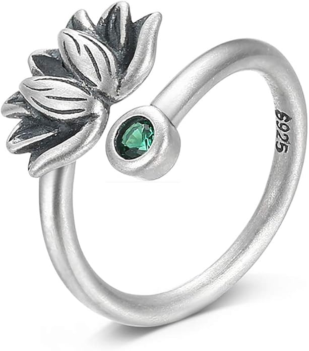 BALMORA Real 925 Sterling Silver Vintage Leaf Rings for Women Men Retro Lotus Feather Flower Adjustable Open Ring Floral Leaves Finger Statement Promise Ring Fashion Jewelry Birthday Gifts for Mom Daughter