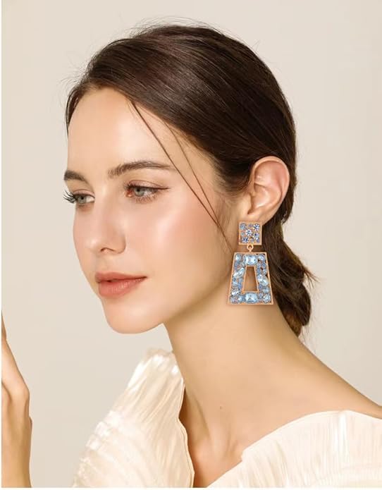 Rhinestone Rectangle Statement Earrings Colorful Crystal Geometric Drop Dangle Earrings for Women Prom Party