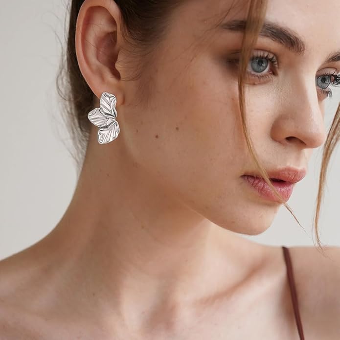 Chunky Gold Statement Earrings For Women Gold Plated Sectored Flower Leaf Shell Angel Wing Earrings Trendy Boho Jewelry For Women Large Stud Earrings Hypoallergenic Earrings