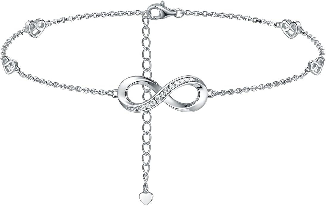 Moissanite Infinity Anklet for Women, Real Authentic 925 Sterling Silver Hypoallergenic, Beautiful Summer Jewelry, Dainty Ankle Bracelet, 8.6-10.6inch (21-26cm) Adjustable