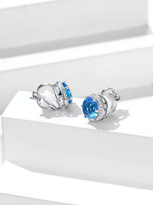 Silvora 925 Silver 8MM Cubic Zirconia Birthstone Clip On Stud Earrings Round Non Pierced Earrings For Women,Come with Box