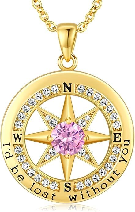 Compass Necklace for Women Wife Girlfriend Mom Daughter Gifts S925 Sterling Silver Jewelry For Anniversary Rose Gold Gifts For Birthday Christmas Mothers Valentines Day 12 Birthstones