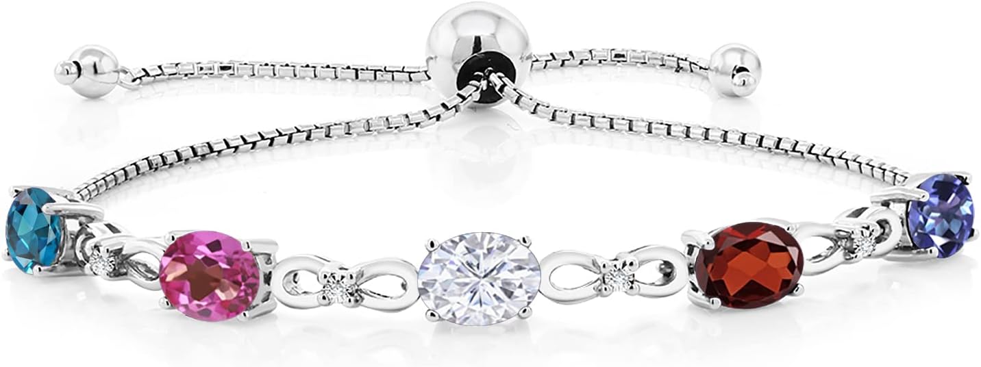 Gem Stone King Customized and Personalized 5 Oval Gemstone Birthstone and White Lab Grown Diamond Tennis Bracelet For Women | 925 Sterling Silver | Adjustable Bolo Bracelet For Women