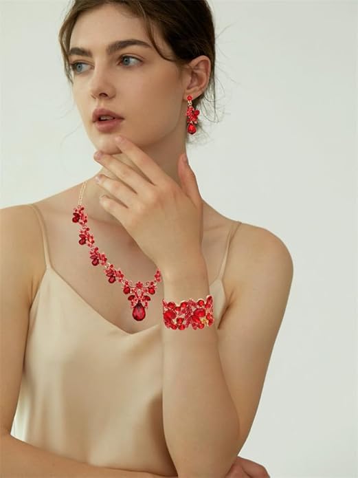 Wedding Leaf Flower Crystal Teardrop Pendant Necklace Dangle Earrings Stretch Bracelet Jewelry Set for Women Bridal Party Prom