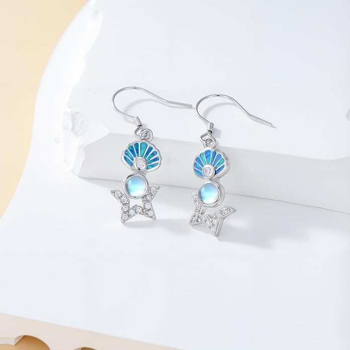 Starfish Shell Earrings 925 Sterling Silver Starfish Dangle Earrings Moonstone Earrings Seashell Dangle Earrings with Blue Opal Ocean Summer Vacation Beach Jewelry Gift