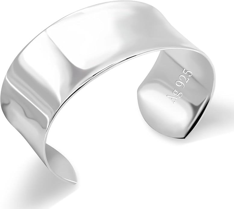 Dankadi Women 925 Sterling Silver Curved Bangle 30MM Wide Grooved Cuff Bangle Shiny Punk Open Bracelet Adjustable Plated 24k Gold/Rose Gold Jewelry Gift