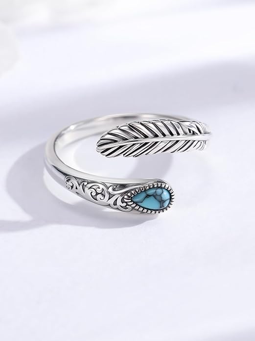 Turquoise/Moss Agate/Moonstone/Black Onyx/Lapis Lazuli/Labradorite/Tiger Eye Feather Ring 925 Sterling Silver Adjustable Ring Western Thumb Rings Vintage Jewelry Gifts for Women