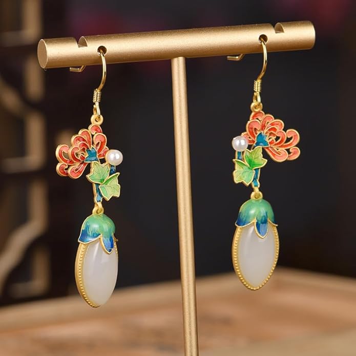 14K Gold over 925 Sliver Natural Jade Enamel Gradient Earrings, Round Lotus Design Drop Earrings, Elegant Jade Jewelry Gift for Mother's Serenity