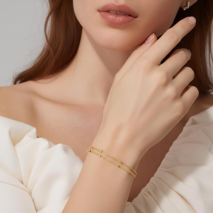Gold Bracelets for Women 14K Gold Bracelets for Women Beaded Bracelet Two-Strand Structure Trendy Layered Bracelet for Womens