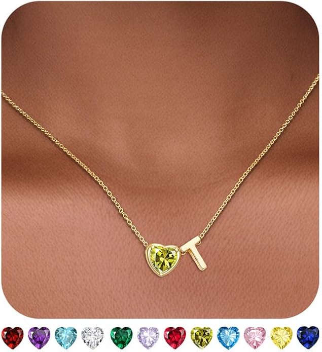 Valentines Day Gifts for Her- Heart Birthstone Initial Necklace for Women Girls,14K Gold Plated Heart Letter A-Z Necklace Birthday Trendy Jewelry Gifts for Women Girls Daughter