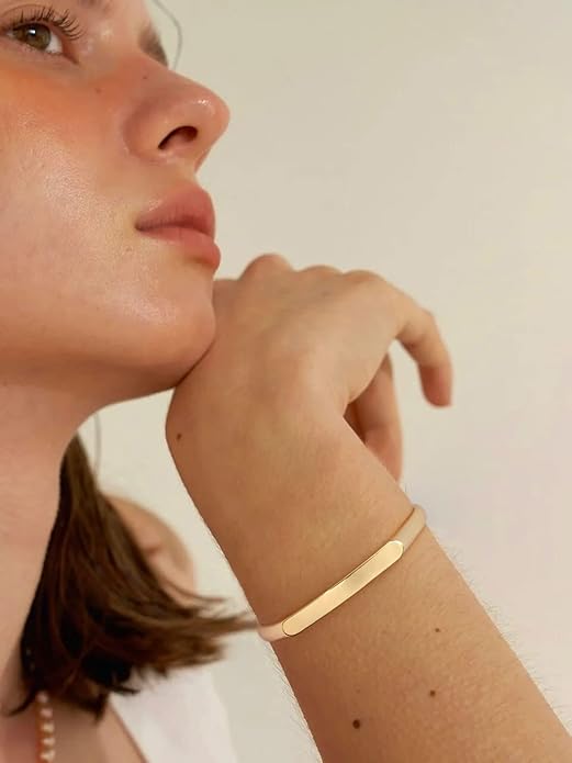 PERNNLA PEARL Dainty Gold Bar Bracelet for Women Simple Delicate Thin Cuff Bangle Hook Bracelet 18K Gold Plated Handmade Minimalist Jewelry