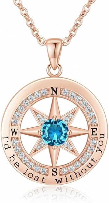Compass Necklace for Women Wife Girlfriend Mom Daughter Gifts S925 Sterling Silver Jewelry For Anniversary Rose Gold Gifts For Birthday Christmas Mothers Valentines Day 12 Birthstones