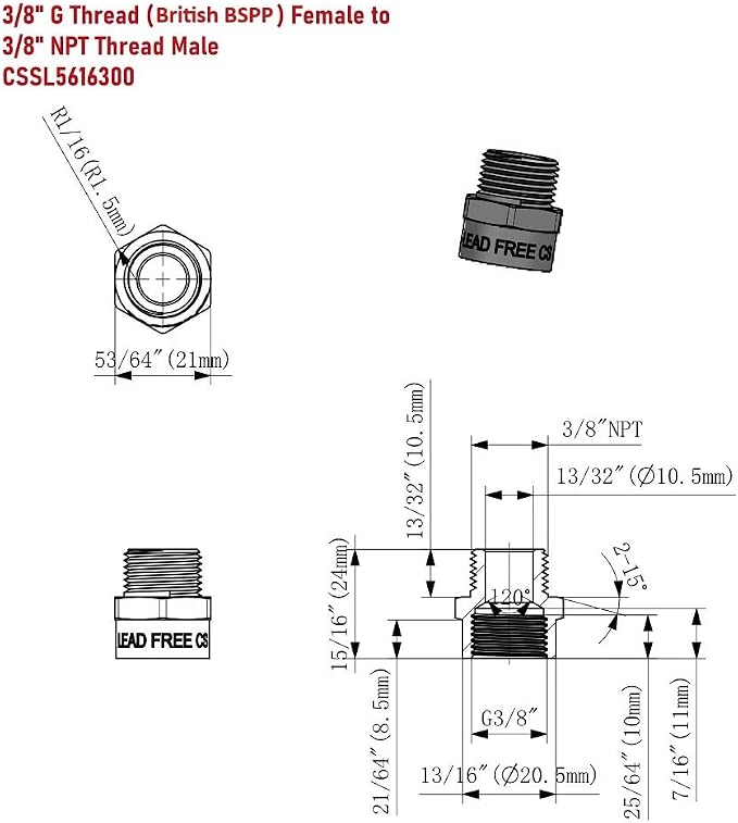 Cascada 3/8" G Thread Female to NPT Male Pipe Fittings | Lead-Free Brass Pipe - Image 2