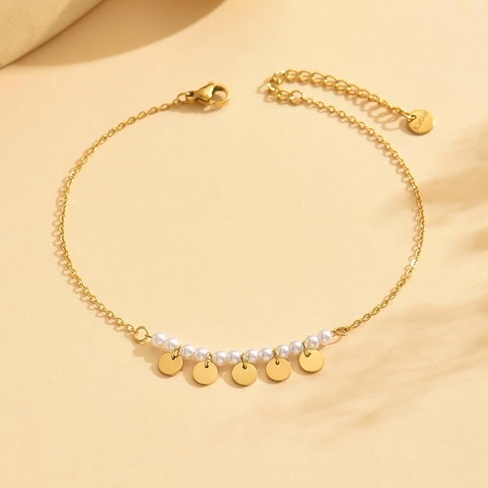 Anklet Bracelets for Women 18K Gold Plated Tennis Anklets Dainty Sapphire Paperclip Pearl Sequin Droplet Adjustable Large Anklet Bracelets Simple Beach Summer Waterproof Foot Jewelry