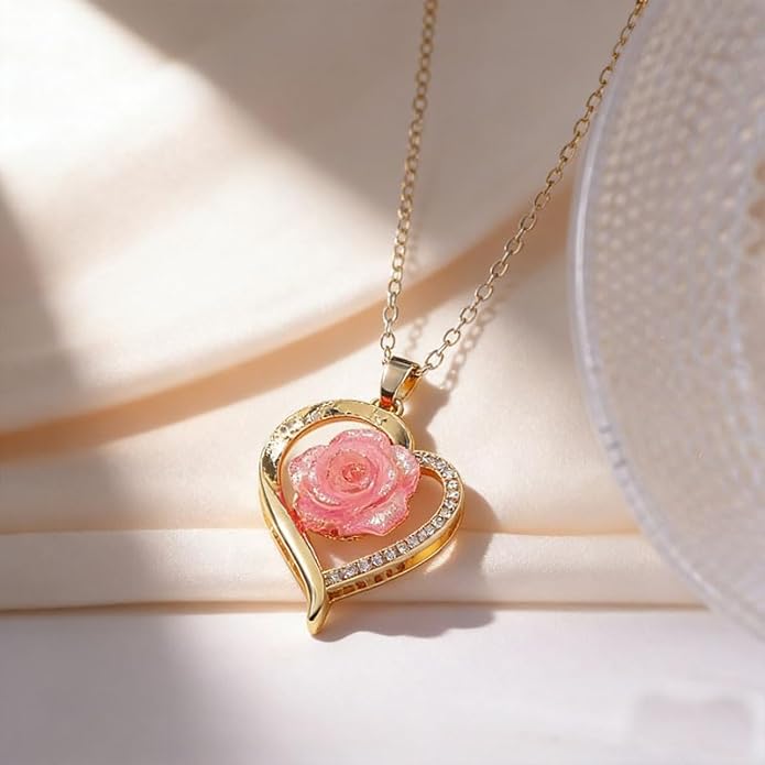 ONLYJUMP Rose Alloy Necklace for Women Heart Pendant Copper Zircon Light Luxury Fashion Jewelry Dainty Romantic Statement Necklace for Daily Wear Ideal Valentine's Day Anniversary Birthday Gift
