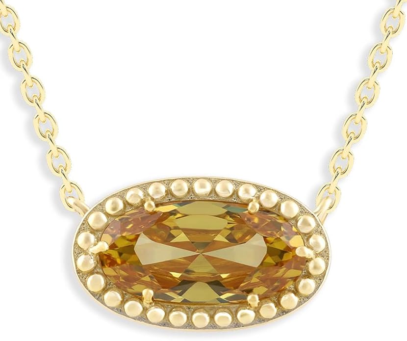Belacqua Gemstone Necklace in 14K Gold Plated Sterling Silver, Oval Pendant Size 6 * 12mm, 15" Cable Chain with 2" Extender, Spring Ring Clasp, Dainty Birthstone Necklace for Women, Gift Box Included