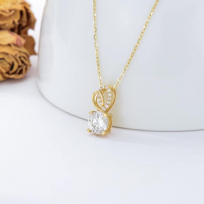 SISGEM 14K Real Gold 1 Carat Round-Cut Moissanite Necklace for Women,Yellow Gold Infinity/Heart Pendant Ribbon Necklaces Birthday Gifts for Wife Girlfriend 16''-18''