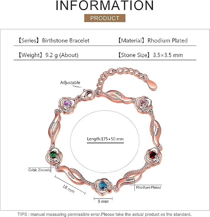 Personalized Simulated Birthstone Bracelets Adjustable Rose Flower Chain Charm Bracelet with 1-5 Name Initial Engraved for Women Mom Christmas Gifts