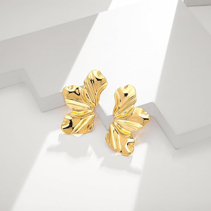 Chunky Gold Statement Earrings For Women Gold Plated Sectored Flower Leaf Shell Angel Wing Earrings Trendy Boho Jewelry For Women Large Stud Earrings Hypoallergenic Earrings