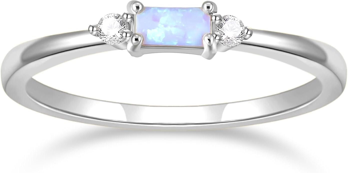 SHINYSO 14K Gold Plated Wedding Bands for Women Baguette Opal Ring Cubic Zirconia CZ Pave Thin Stackable Anniversary Rings for Her Size 4-10
