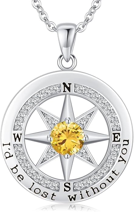 Compass Necklace for Women Wife Girlfriend Mom Daughter Gifts S925 Sterling Silver Jewelry For Anniversary Rose Gold Gifts For Birthday Christmas Mothers Valentines Day 12 Birthstones