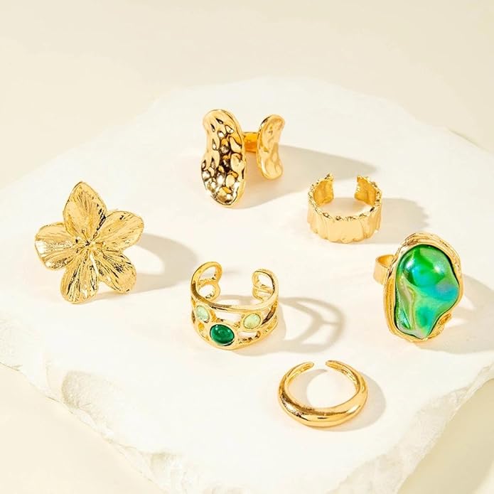 Gold Chunky Baroque Pearl Flower Rings Set,Hammered Open Adjustable Colorful Crystal Knuckle Finger Ring,Punk Party Jewelry Accessories Gift for Women