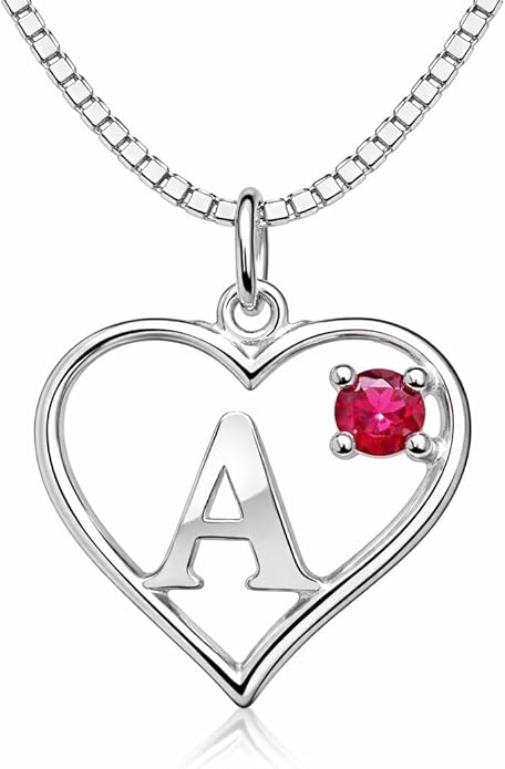 Silver Sterling Necklace Initial Letter A-Z Birthstone for Women – Personalized Custom Jewelry Pendant with Heart Design Customized Dainty Charm for Wife Girlfriend Mom – 18" Box Chain