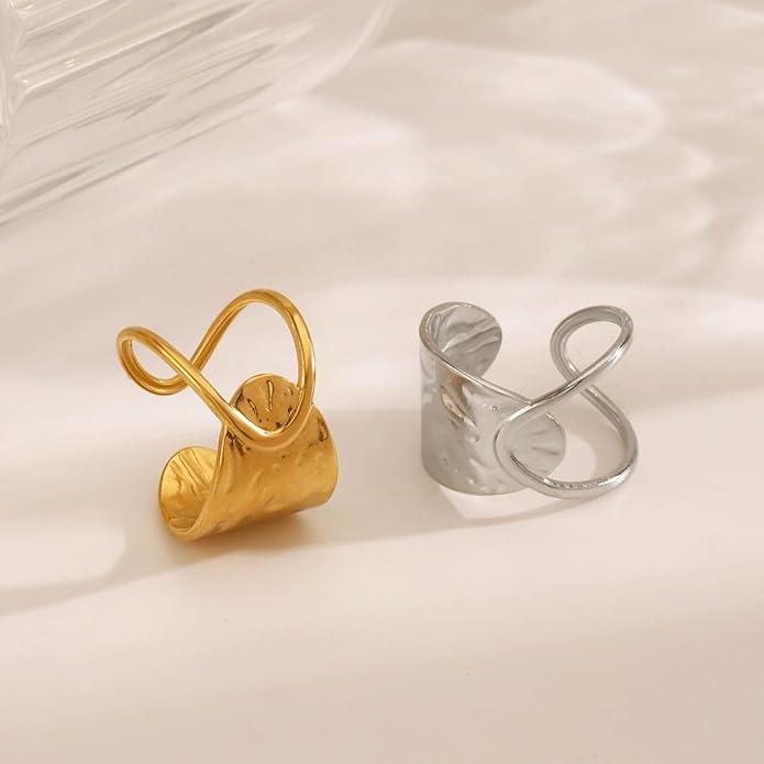 Chunky Rings For Women, Gold Silver Thumb Ring Asymmetrical Wavy Curve Ring Adjustable Non Tarnish Dainty Stainless Steel New Year Anniversary Birthday Jewelry Gift