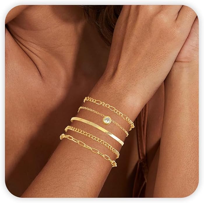VIBILIA Dainty Gold Chain Bracelet for Women Trendy Stackable Adjustable Layered Metal Bracelet Gold Plated Twist Link Figaro Chain Paperclip Bracelets Fashion Jewelry