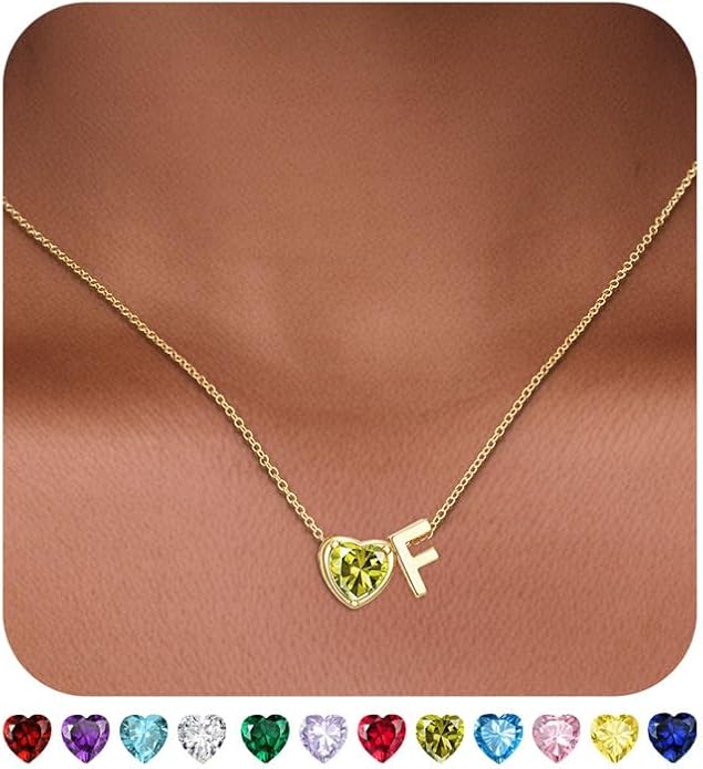 Valentines Day Gifts for Her- Heart Birthstone Initial Necklace for Women Girls,14K Gold Plated Heart Letter A-Z Necklace Birthday Trendy Jewelry Gifts for Women Girls Daughter