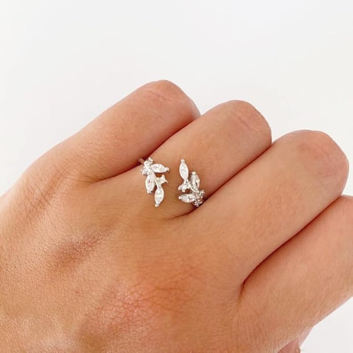 Gold Rings Non Tarnish Silver Adjustable Rings for Women Cubic Zirconia Leaf Ring Dainty Silver Stackable Ring for Women