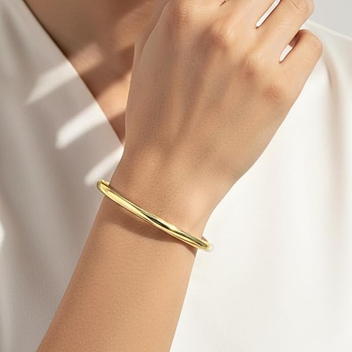 Classic 4mm Plain Bangle Bracelet for Women, 7.5 Inch, 14K Yellow Gold Plated Sterling Silver, Secure Hinge Lock, Gift for Her