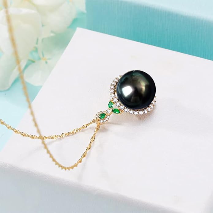 Gifts for Women- Tahitian-Black-Pearl-Necklace for Women, 12-13mm Real South Sea Pearls Pendant Sterling Silver Plated 18K Gold With Urquoise- Christmas Mothers Day Valentine's Day Jewelry