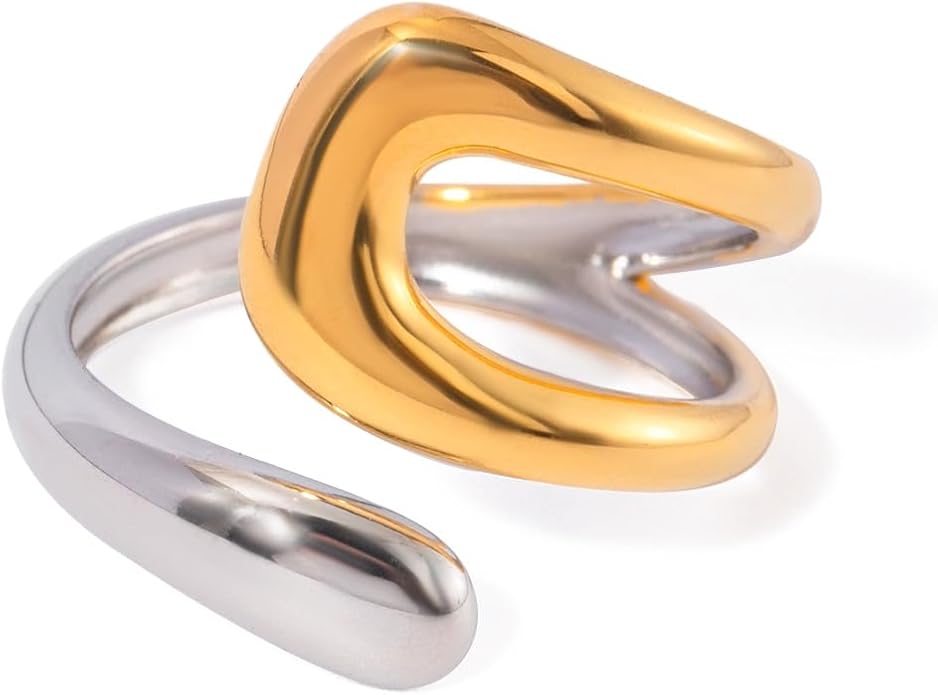 Chunky Rings For Women, Gold Silver Thumb Ring Asymmetrical Wavy Curve Ring Adjustable Non Tarnish Dainty Stainless Steel New Year Anniversary Birthday Jewelry Gift