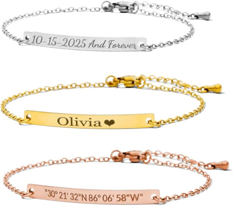 Adults Personalized Name Engraved Bracelet for Women/Men – PVD Gold Plated Stainless Steel - Non Tarnish – Custom ID Tag – Adjustable Chain – Double Side Engraving (Luxury)