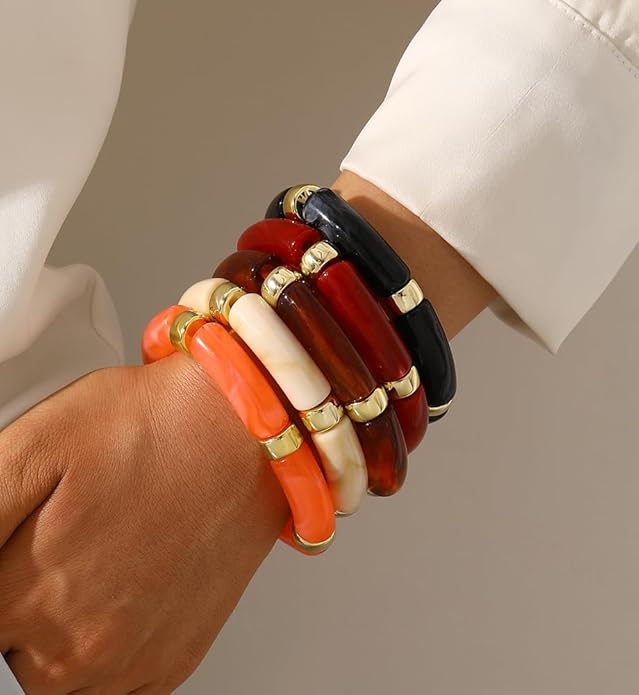 iF YOU 6pcs Chunky Acrylic Bangle Bracelets for Women, Resin Bamboo Brown Stretchy Bracelet Stack, Fashion Jewelry for Women