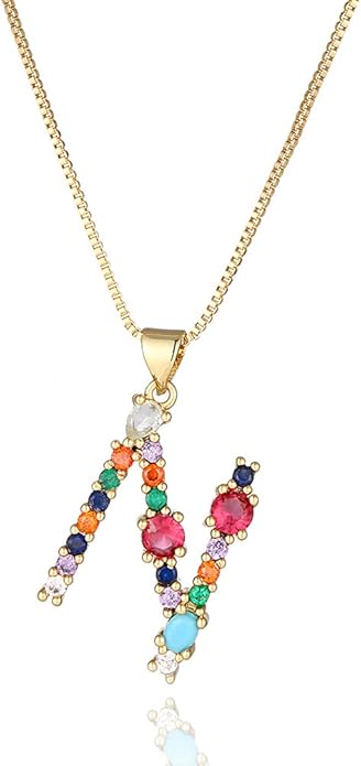 Eben-Ezer 18K Gold Box Chain Choker Initial Necklace Multi-Color Zircon Letter Pendant Script Name Custom Necklace for Women Gift Alphabet 26 A-Z