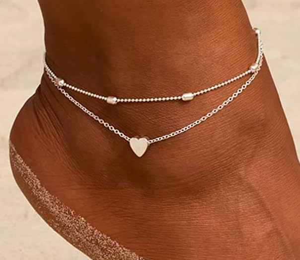 MIDEEO Gold/Silver Ankle Bracelets for Women,14K Gold Anklets for Women Waterproof Cuban Link Heart Beads Herringbone Rhinestone Anklets Set Layered Anklet Bracelets for Women Gold Jewelry Gift