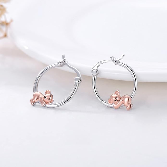 Hypoallergenic Earrings Rabbit Tiger Teddy Koala Puppy Panther Peacock Earrings Sterling Silver Animal Hug Hoop Earrings Jewelry Mothers Day Graduation Birthday Gifts for Women