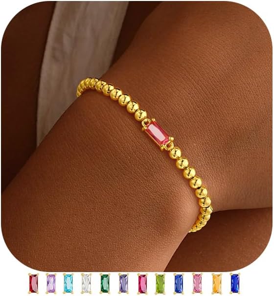 Yoosteel Valentines Gifts for Her Kids Girls - Valentines Day Bracelets Dainty Birthstone Bracelet for Women Elastic 14K-Gold-Plated Bead Bracelets Trendy Friendship Birthday Jewelry Gift for Teenage Girl Women