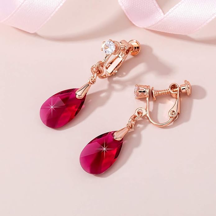 Teardrop Austrian Crystal Drop Clip On Dangle Earrings for Women Non Pierced 14K Rose Gold Plated Hypoallergenic Jewelry