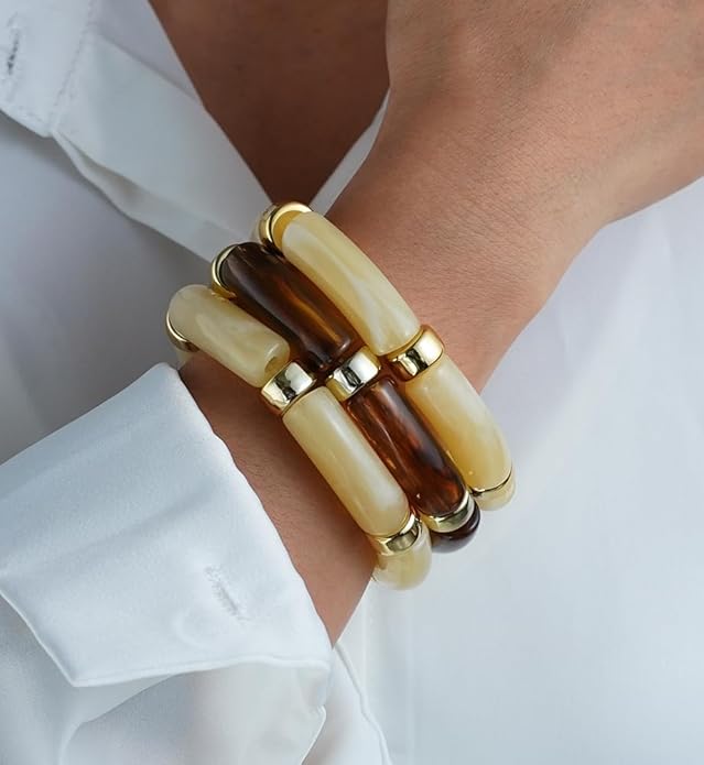 iF YOU 6pcs Chunky Acrylic Bangle Bracelets for Women, Resin Bamboo Brown Stretchy Bracelet Stack, Fashion Jewelry for Women