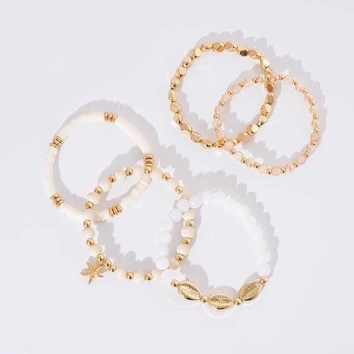 GOOJIDS Surfer Heishi Clay Bead Bracelets for Women Bohemian Stackable Gold Plated Beaded Stretch Bracelets Elastic Layering Friendship Bracelets Set Boho Jewelry